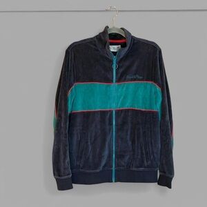 Original Penguin Dark Blue and Teal Zip-Up Velour Sweater Jacket Small